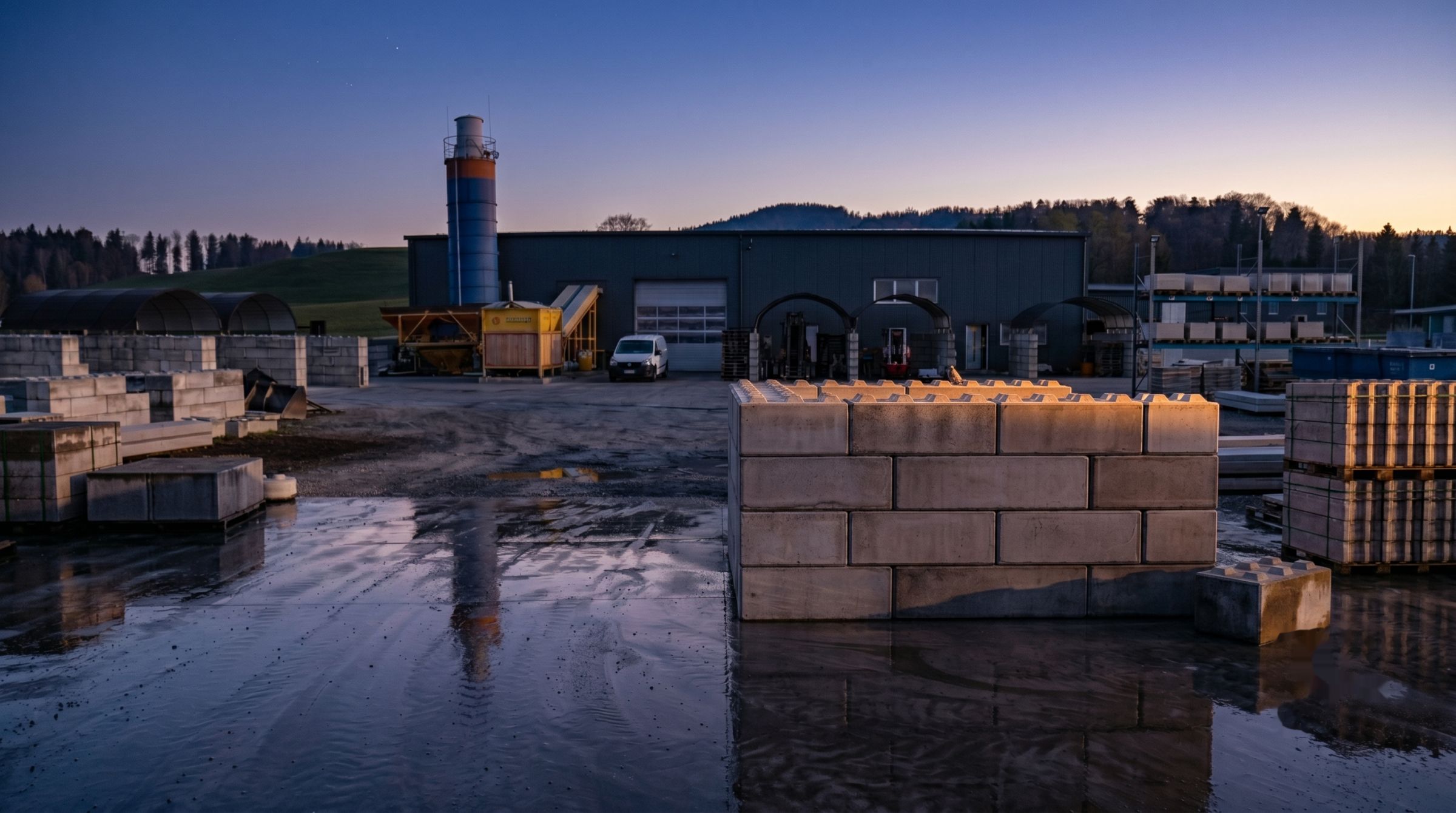 Betonblocksteine auf dem Werkhof der Spannbeton GmbH in der Abenddaemmerung